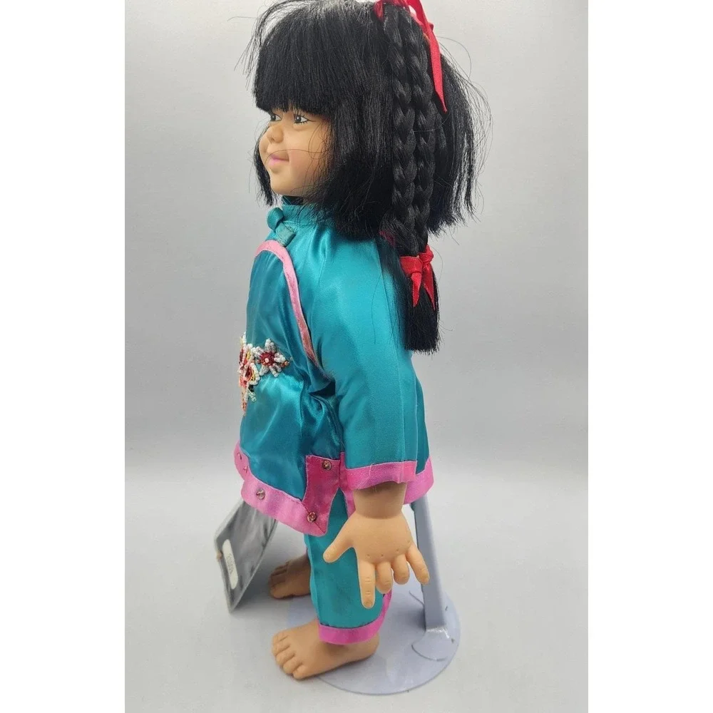 Vintage Chinese Ruby Doll Turquoise Satin Brocade Outfit Passport and Stand